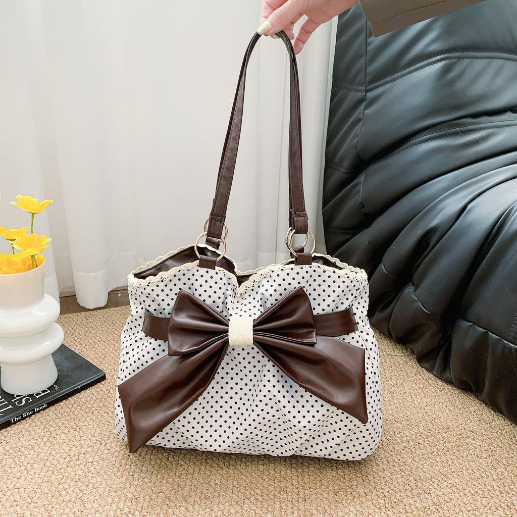 Neue Mode Polka Dot Schleife Spitze Große Kapazität Schultertasche für Damen Pendler Tote Handtasche