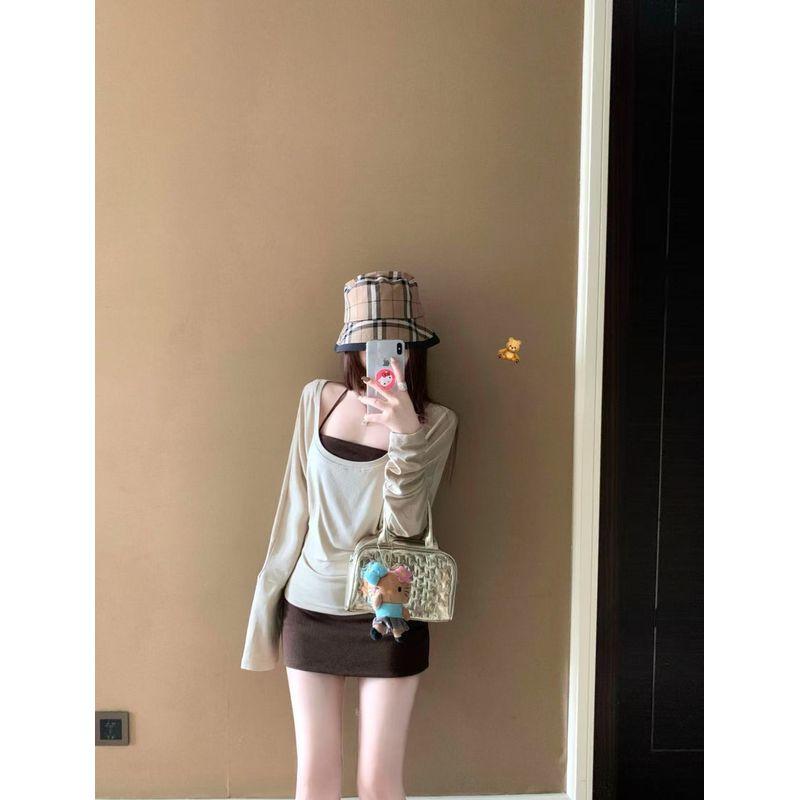 Kumikumi Idle Style Coffee Color Long sleeves Shirt Inner wear Hanging Neck Sling Women Autumn Slimming Skirt Three-Piece Set