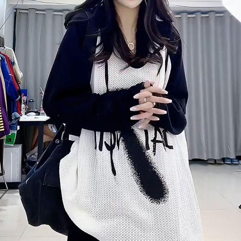 Plus Size Women's European Station Color Block Letter Print Long Sleeve T-shirt (2-300 Lbs)