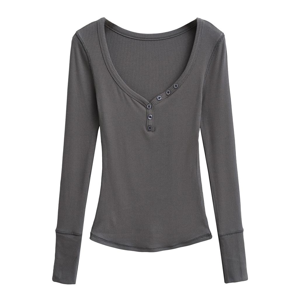 Spicy Girl Ribbed Peach V-neck Buttoned Slimming Long-sleeve T-shirt for Women - Spring 2025 Collection