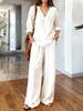 New 2026 Solid Color V-Neck Pullover & Long Sleeve Casual Pants Washed Cotton Two-Piece Set