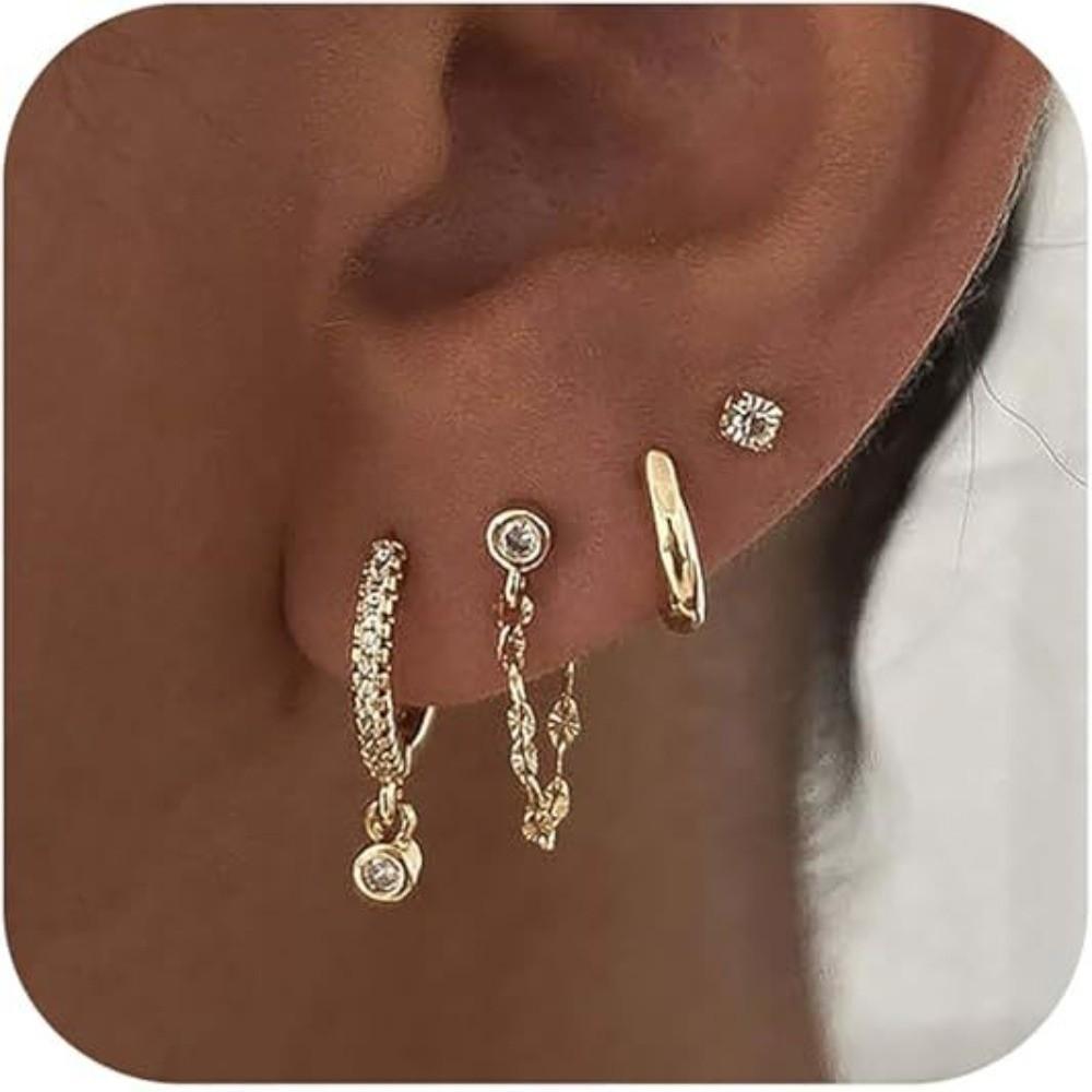 4Pcs/Set Chain Huggie Hoop Earrings Geometric Dangle Earring Set Women Accessories