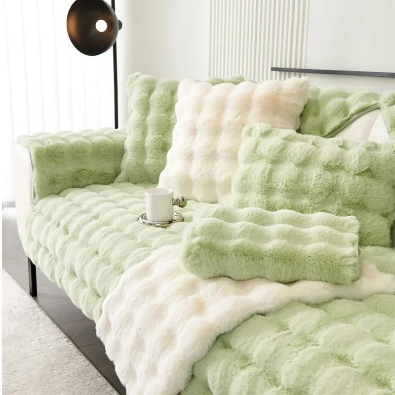 Warm Velvet Non-Slip Cushions Winter Thick Plaid Plush Sofa Cover  Living Room Flannel Couch Covers Universal Armrest Back Towel