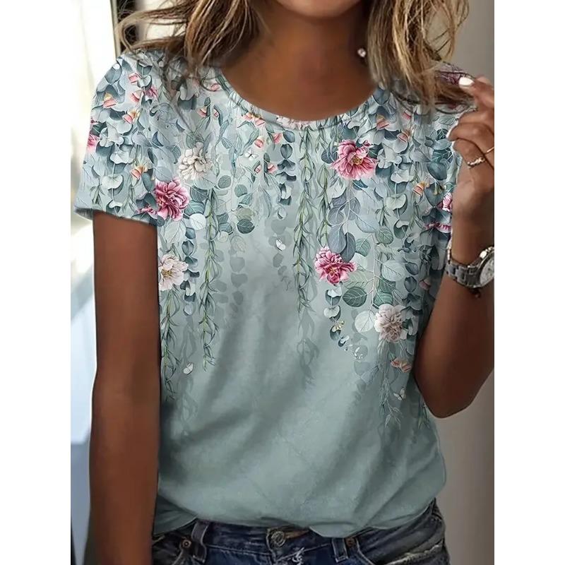 

Summer Round Neck Women s T-shirt Fashionable 3D Flower Print Short Sleeved Casual Top Y Street Women s Clothing 6XL