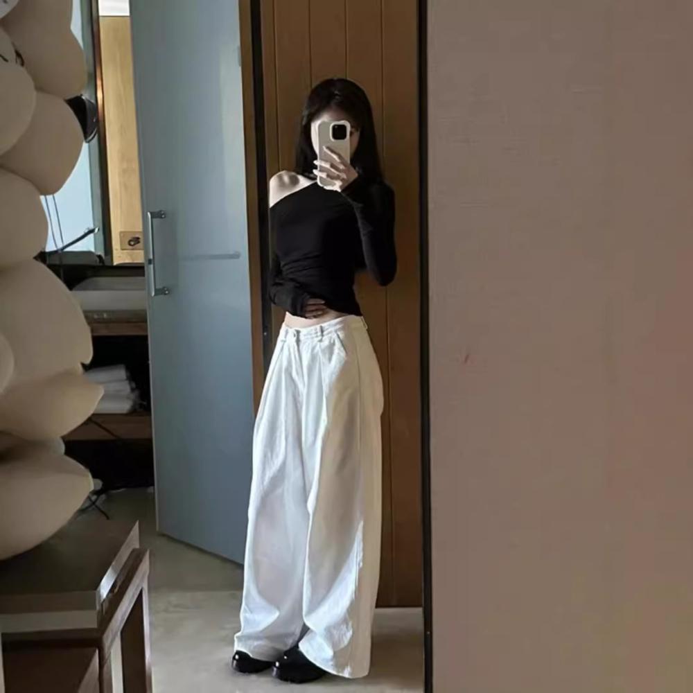 Irregular Collar Long Sleeve T-Shirt Women Basic Solid Off Shoulder TShirt