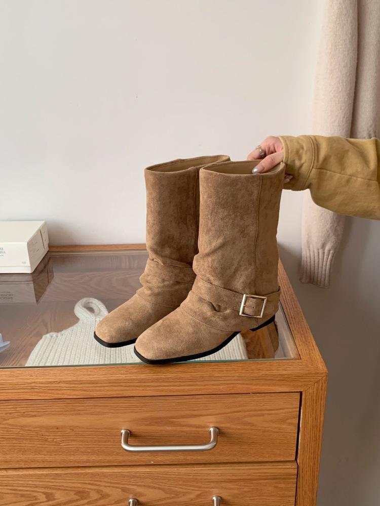 Retro fyrkantig tå tjock klack 2025 höst och vinter mid-tube stövlar dammode spänne fyrkantig tå damkängor tunna damstövlar