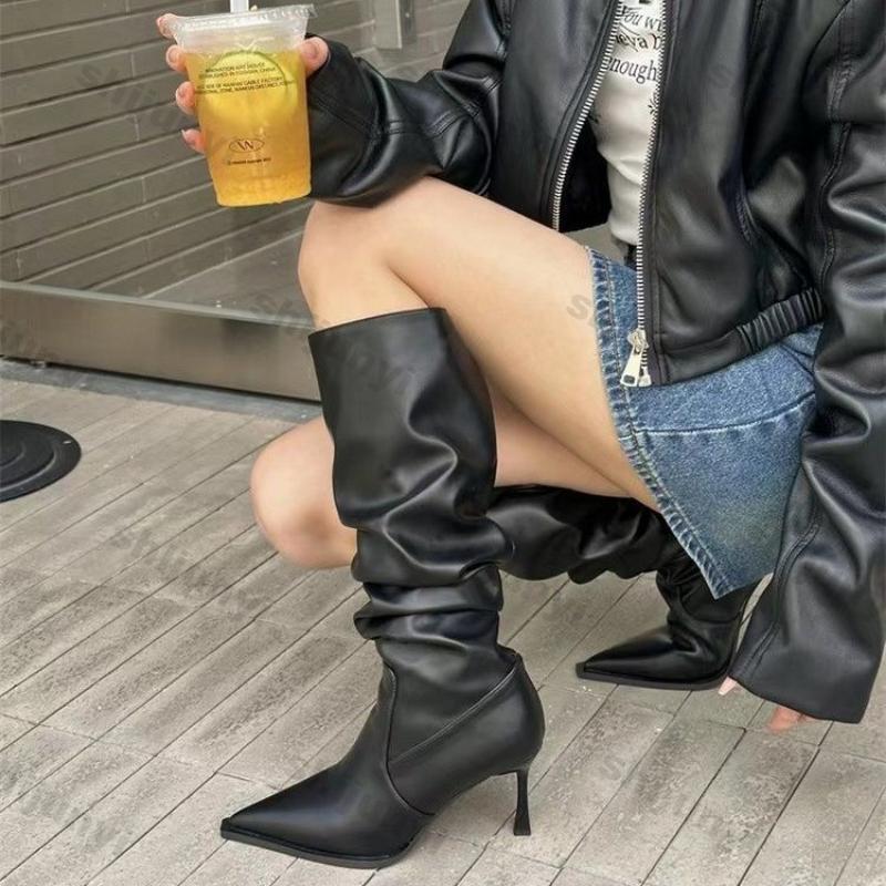 Women Pointy Pleated Boots High Heels Black Female Knee High Boots Women Autumn Stiletto Ladies Pointy Rubber Footwear