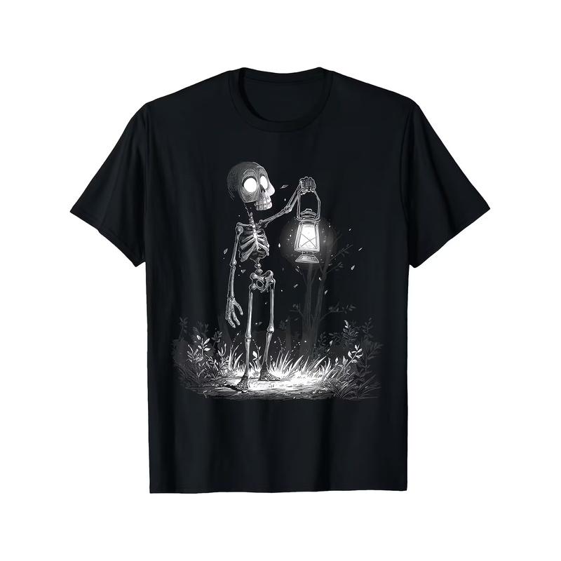 Skull Holds Lantern Motif Forest Nature Artwork Skull T-Shirt