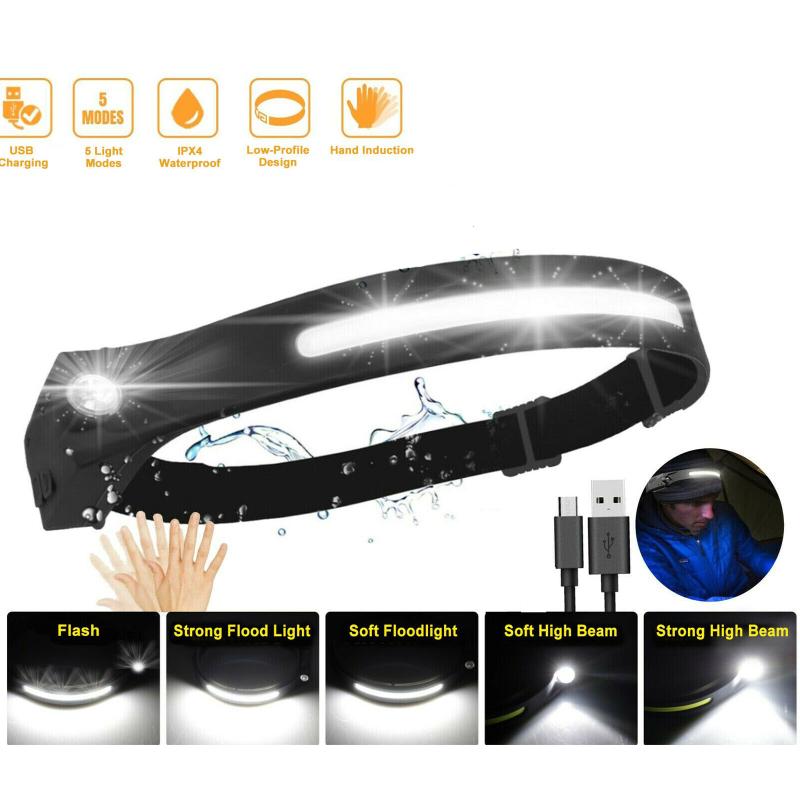 

Cob Led Фара с датчиком движения, 5 режимов, 350 Лм, 230 градусов, USB аккумуляторная регулируемая повязка на голову