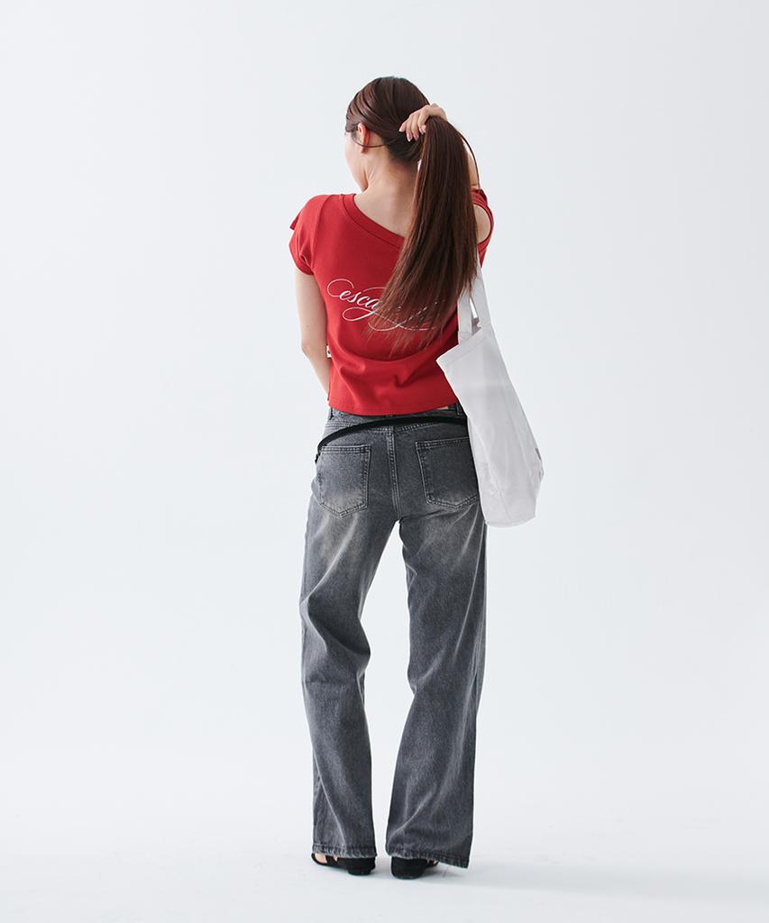 ESCAPEFROM [Escf X Hot Today] Halftone Lily Boat Neck Slim Fit Short Sleeve T-Shirt Red