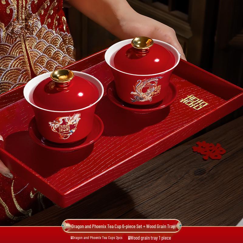 Festive Red Wedding Tea Set: Lidded Bowls, Tea Cups, and Chopsticks