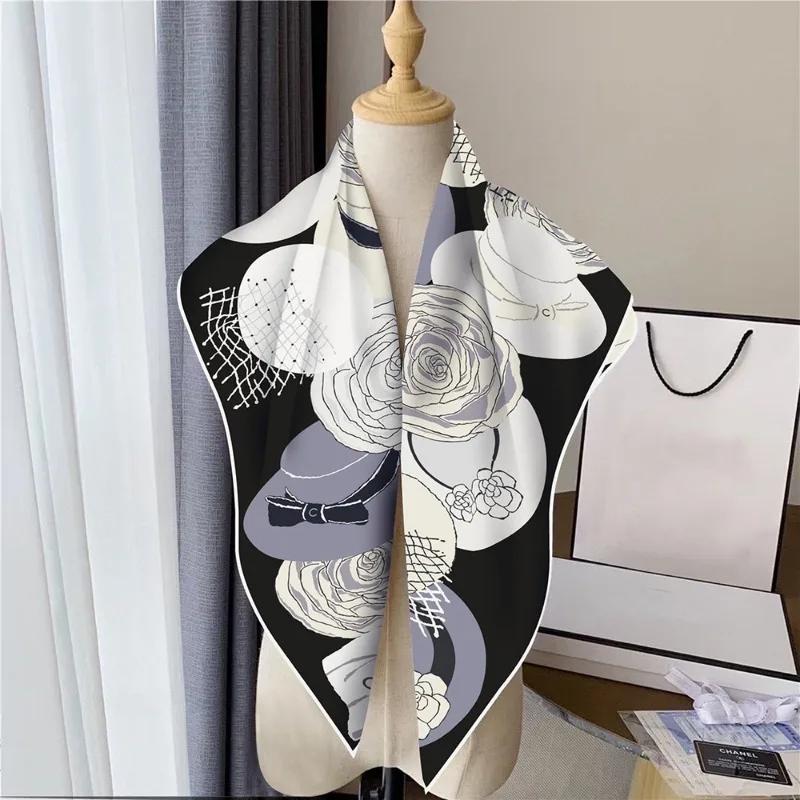 90Cm Autumn New Black And White Plain Rose Hat Twill Silk Women'S Sunscreen Shawl Large Square Scarf Headscarf