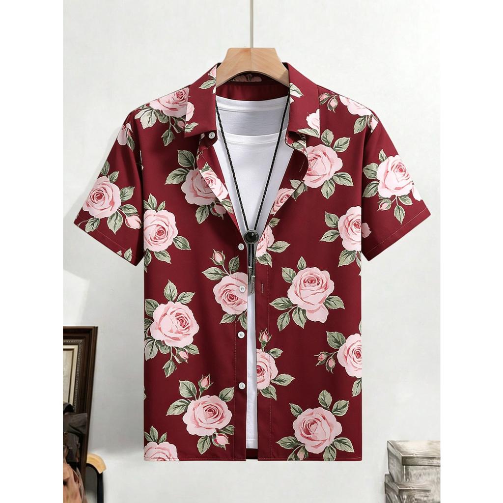 2026 Men's Fashion Simple Short Sleeve Shirt Natural Plant High Definition Printed Shirt Hawaiian Casual Social Clothing for Men