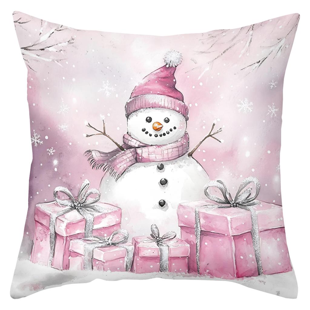 Pink Snowman Christmas Pattern Decorative Cushions Polyester Pillowcase, Sofa Decorative Cushion Cover, Bedside Throw Pillow
