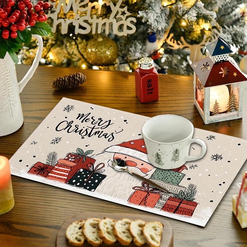 4pcs/6pcs Winter Christmas Placemats, Santa Claus, Colorful Gift Boxes, Snowflake Washable Linen Table Mats, Suitable for Kitchen Dining Table Decor,