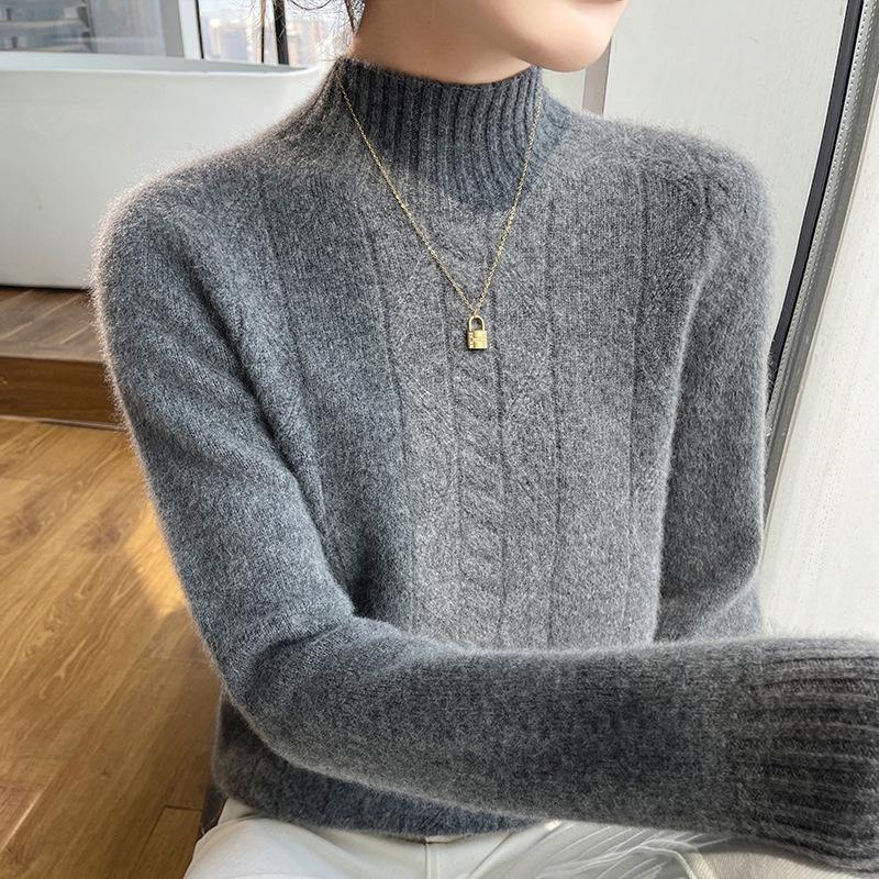 Damski wełniany sweter z golfem o splocie diamentowym - Wyszczuplający, wszechstronny pulower jesienno-zimowy