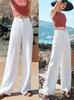 Women's High Waist Linen Wide-Leg Pants - Summer Lightweight, Loose, Slim Fit Cotton-Linen Draped Trousers