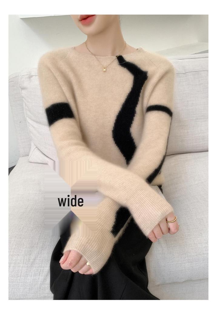 Women's Cashmere Color Block Round Neck Pullover Sweater - Elegant Style, Warm Knit
