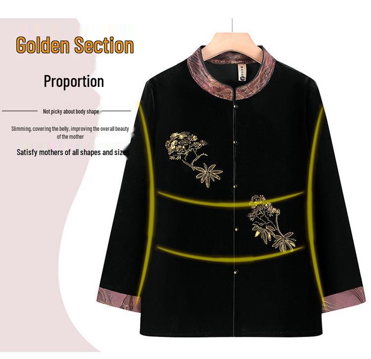 Elegant Golden Velvet Long-Sleeve Shirt for Elderly Women - Perfect for Spring and Autumn