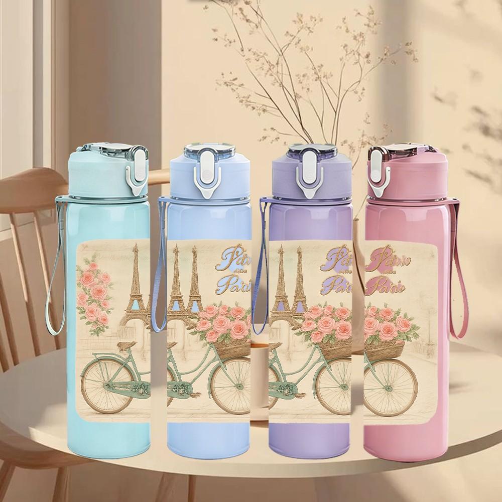 1PC Retro Bike Cherry Blossom Card 750ml Color Plastic Sports Water Bottle Leakproof Flip Straw Lid For Sports Office Home Use