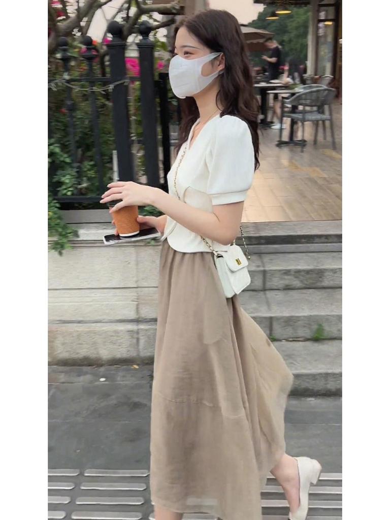 Influencer Women's Summer Two-Piece Set: Short Sleeve Crop Top & High Waist Midi Skirt