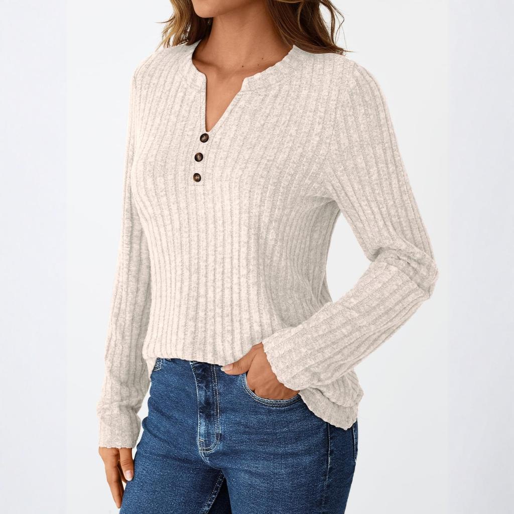 Women's T Shirt Tee Button Long Sleeve Daily Weekend Fashion Basic V- Neck Regular Top