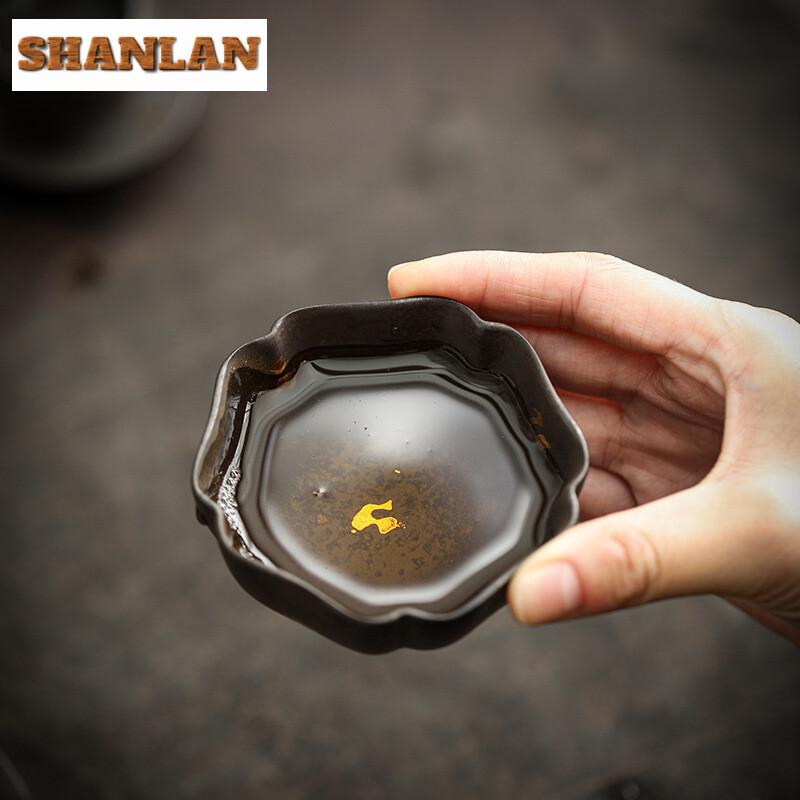 Handmade Gold Pointing Gilded Glazed Teacup Retro Ceramic Master Cup Tea Cushion Personal Single Tea Bowl Base Kung Fu Teaware