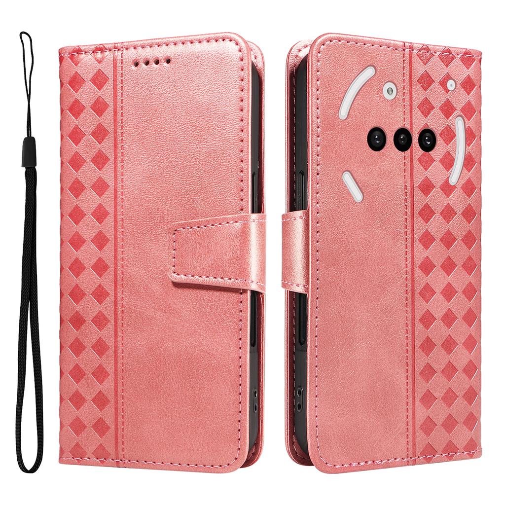 For Nothing Phone (3a) Leather Case Wallet Stand Grids Imprinted Phone Cover with Strap