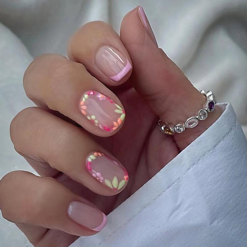 

Floral Fairy Aura False Nails - Cute, Sweet Pink Translucent Tips with Colorful Flowers