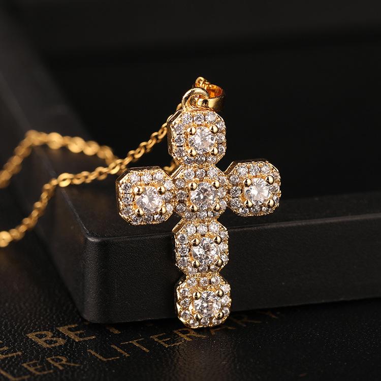 Fashion Classic Gold Plated Cross Necklace for Women European and American Charm Micro Stone Stainless Steel Pendant Jewelry