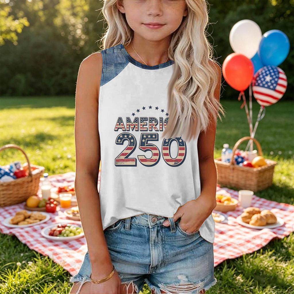 Girls Sleeveless Loose Fit Tank Top Independence Day Print Denim Patchwork Round Neck T Shirt Summer Casual Tee