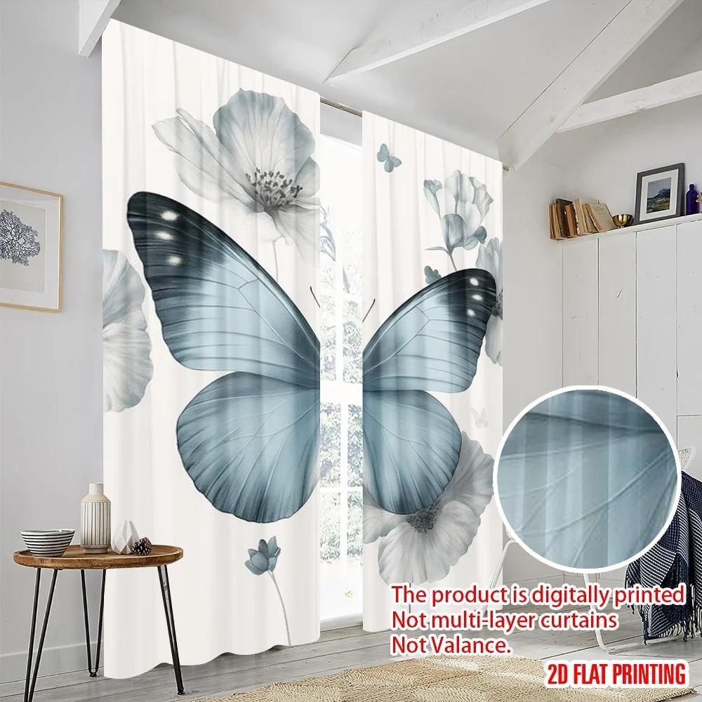 2pc,2D Plane Printing Light Filtering Curtains Blue Butterfly Bliss Durable Polyester (without Rod) Holiday for Bedroom Office