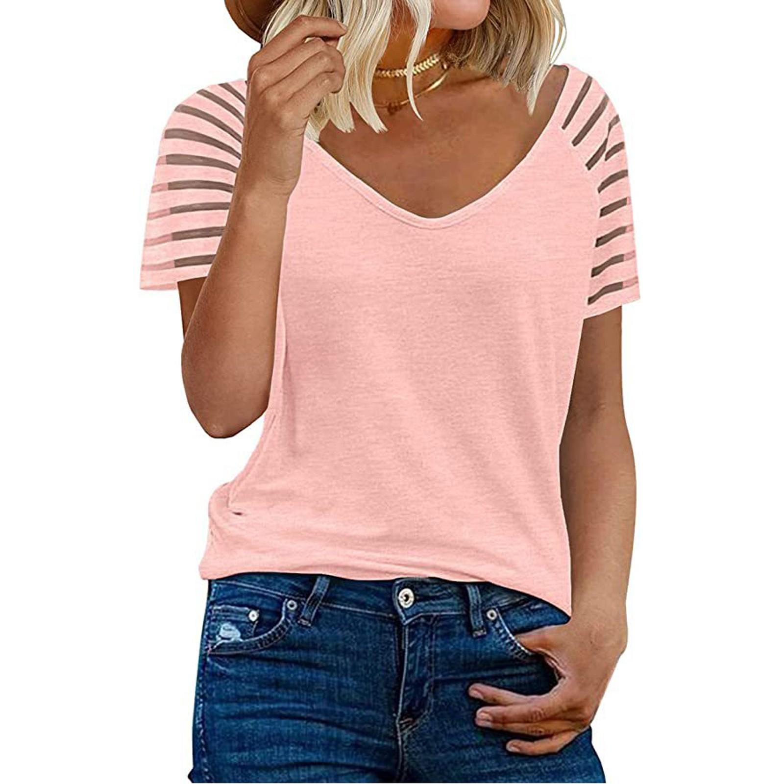

Женские повседневные свободные рубашки с V-образным вырезом и коротким рукавом, модные сетчатые топы, футболки XXL розовый