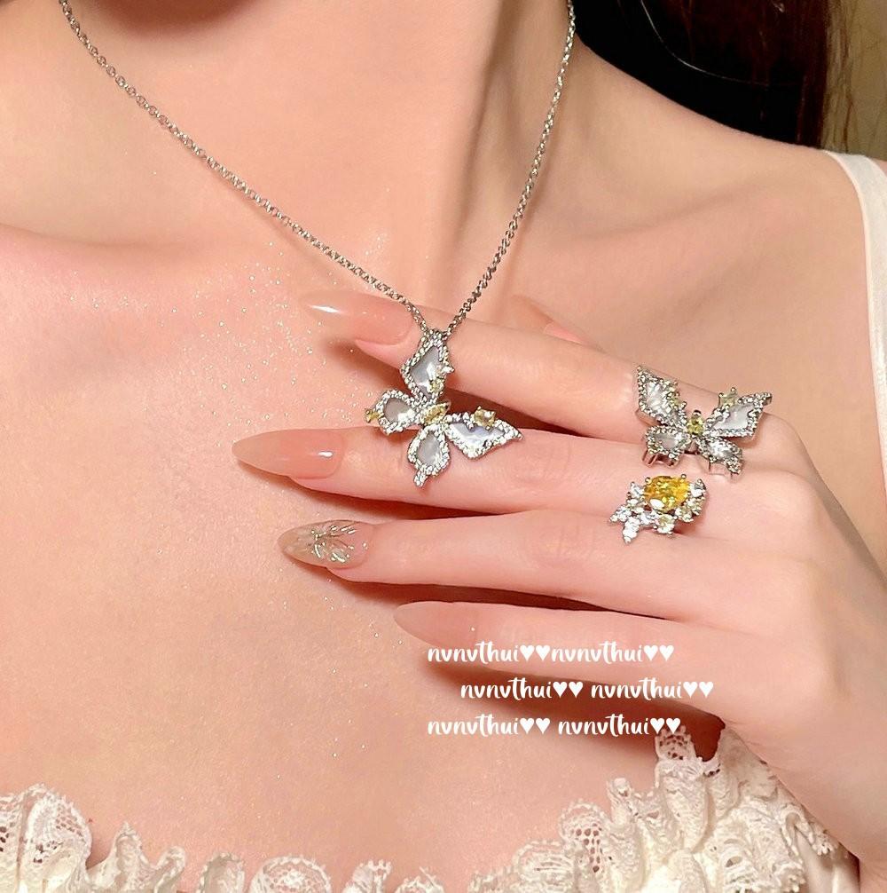 Yuji Fritillary Butterfly Gem Necklace, Rich Family Thousand Gold, Plated 18K Gold, Twilight Yellow Water Drop Butterfly Zircon Earrings