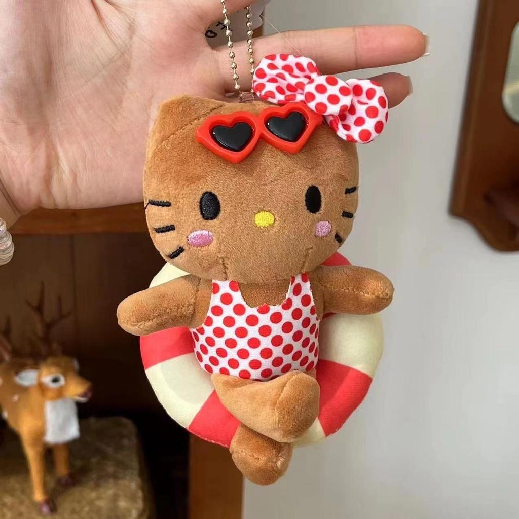 Hello Kitty Cute Black Skin Kt Cat Polka Dot Plush Doll Kawaii Swimming Circle Toy Fluffy Keychain Pendant Periphery Gift