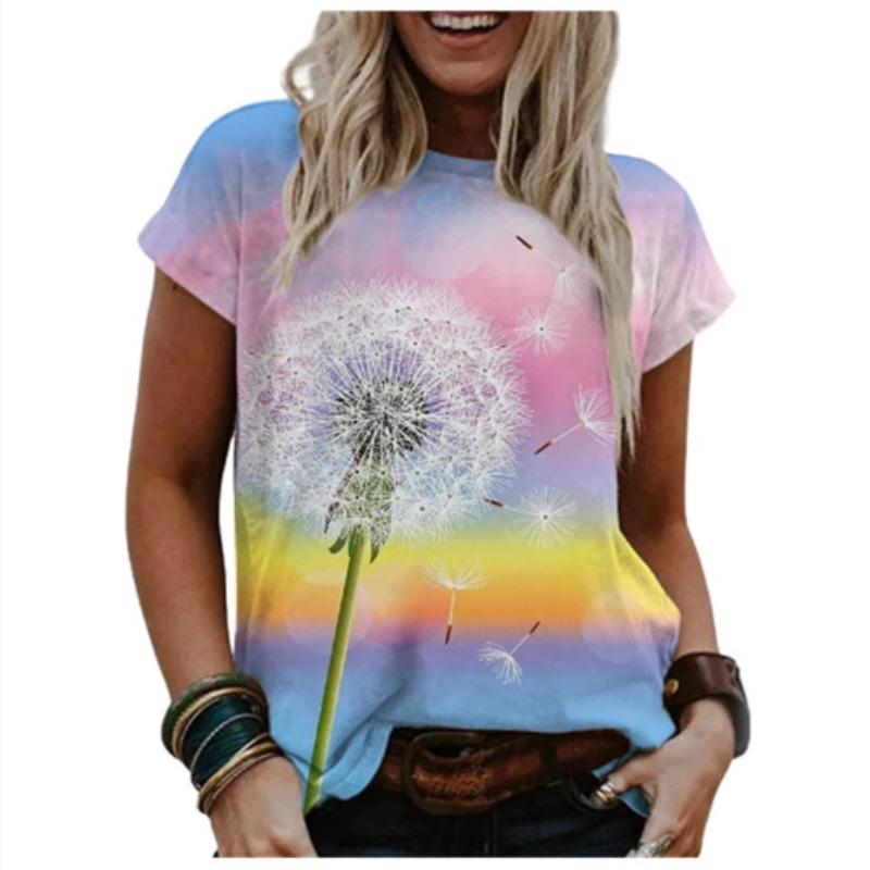 

Summer Casual Versatile Soft Comfortable Round Neck Plus Size T-shirt Colorful Flower Series Fashionable Women s T-shirt 6XL рожевий