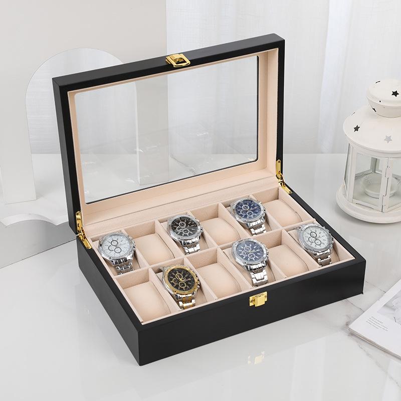 Luxusní dřevěná krabička na hodinky v evropském stylu s průhledným odklápěcím víkem a přezkou, červený 12místný displej