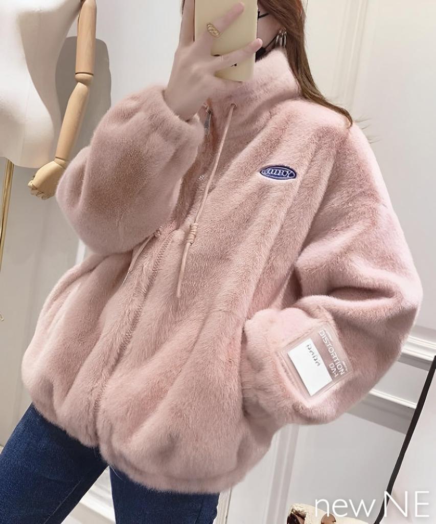 Newne Lined Boa Fluffy and Thick Long Medium Cold Relaxed Mori Girl Solid Women's Jacket, Warm, Windproof, Zip-Up Top, Outerwear, Casual, Sleeve,