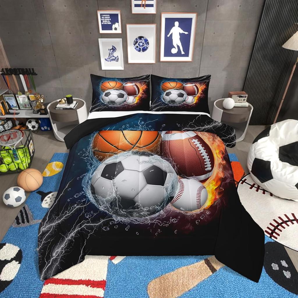 Erosebridal Twin Comforter Set for Boys Baseball Bedding Basketball Comforter Soccer Bedding Set for Teens Football Comforter Set with 1 Pil