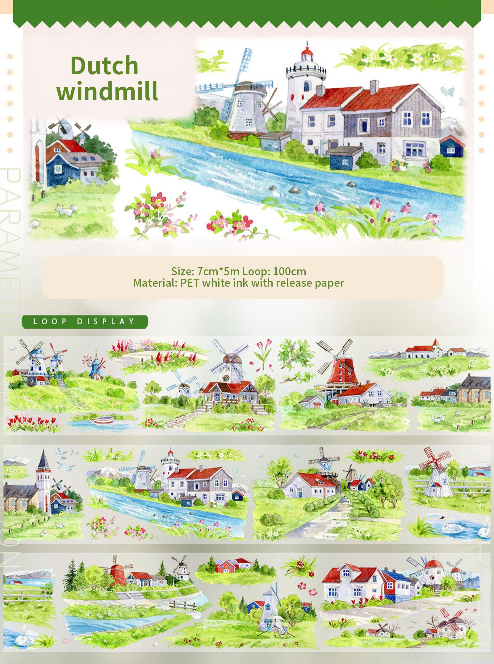 JIANWU 70mm*5m Vintage Dutch Windmill Field House Landscape Material Collage Scrapbooking PET Tape Creative Journal Stationery