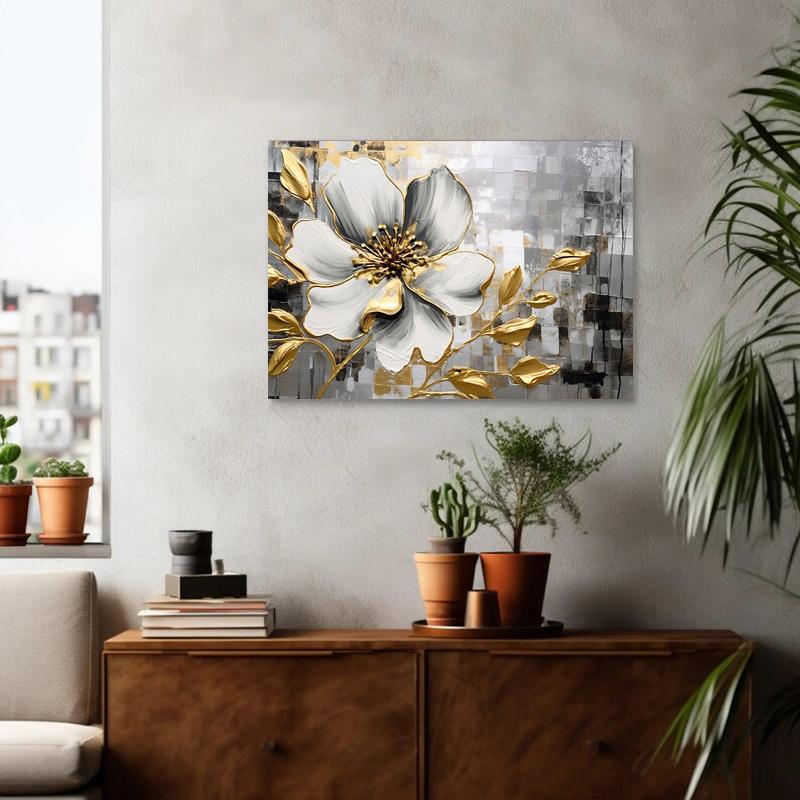 Framed - Modern Retro Gold Flower Canvas Poster - Gold Flower Printing Multiple Scene Display Framed Canvas Poster Decorative Wall Art