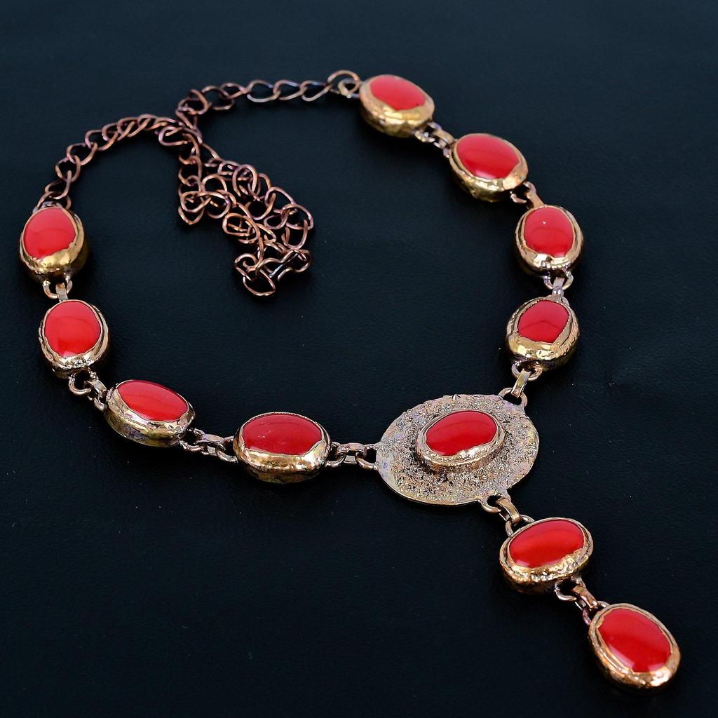 Red Coral Handmade Gemstone Necklace, Copper Electroformed Necklace Antique Jewelry, Adjustable Chain Necklace Engagement Gift