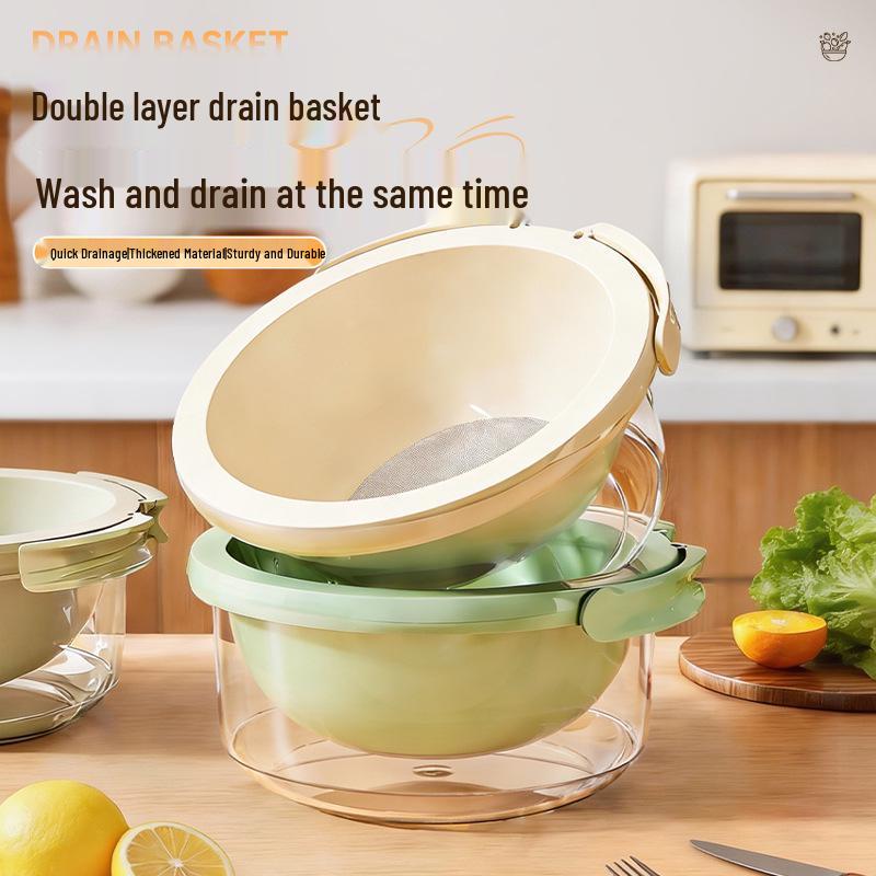 Double-Layer Vegetable Washing Basin & Draining Basket - Food Grade, Multi-purpose for Kitchen Use