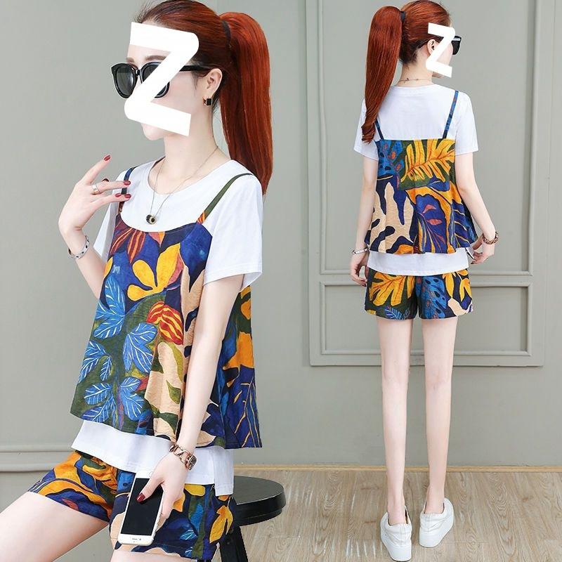 Letnia Damska Luźna Koszula Plus Size Kwiatowa Modna Dopasowana Garnitur Krótkie Rękawy Spodenki Dwuczęściowy Zestaw