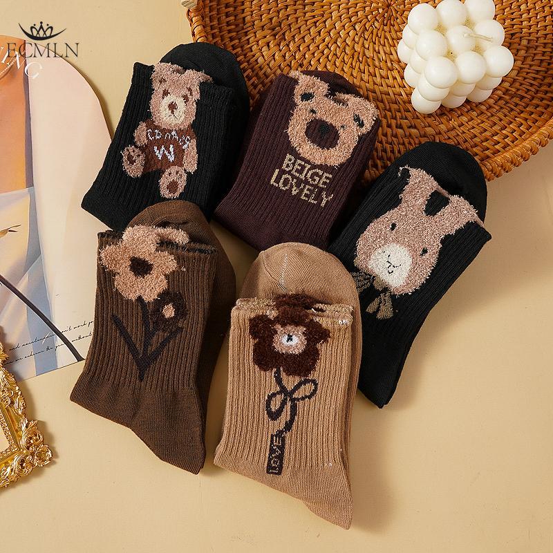 Brown Retro Cotton Socks Bear Sock Girls Comfortable Middle Tube Sock Autumn Winter Soft Kawaii Socks for Women