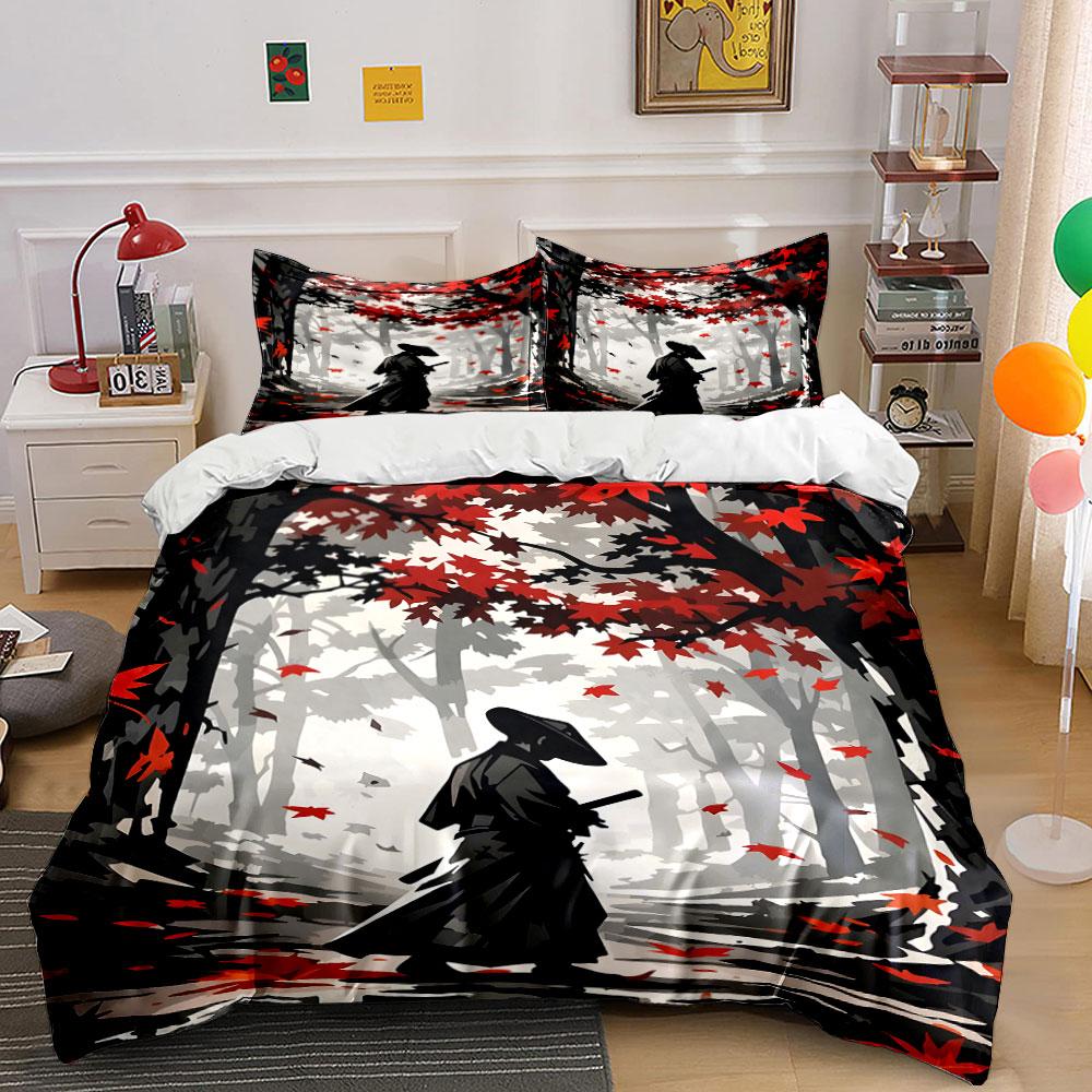 Samurai In Autumn Forest Bedding Duvet Cover Set (1*Duvet Cover 2*Pillowcases, Without Duvet Insert)