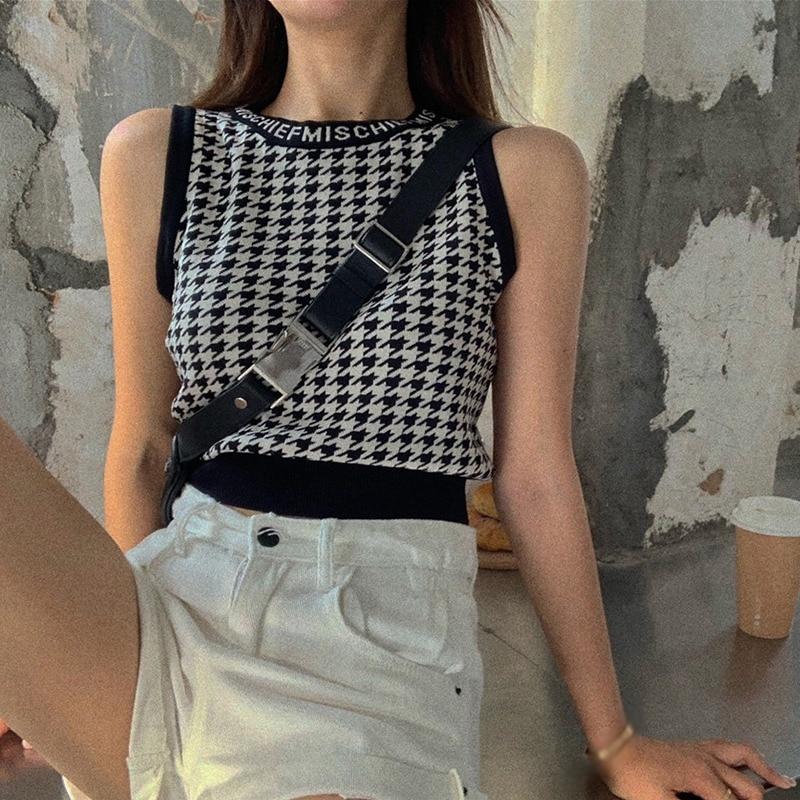 Houndstooth Camisoles for Women Sleeveless Lightweight Knitted Top Crop Top Preppy Style Tank Tops