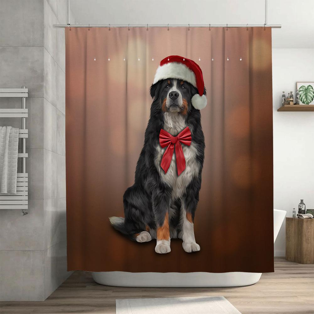Christmas Santa Hat Bow Tie Dog Shower Curtain Decoration For Bathroom New Year Pet Portrait Print Waterproof Fabric Bath Mat Co