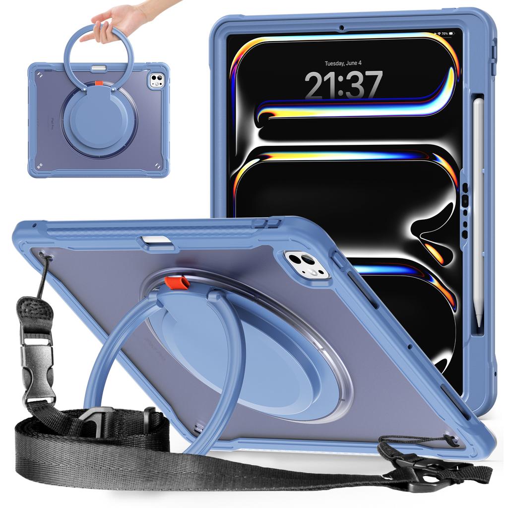 Pro iPad Pro 13 (2024) Pouzdro s otočným stojánkem PC+TPU+Silikonový kryt s ramenním popruhem