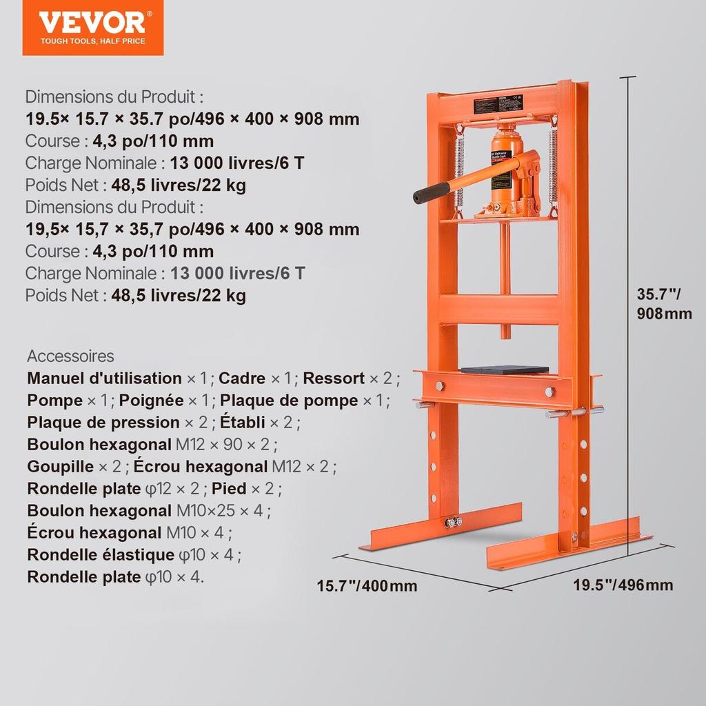 Hydraulic Shop Press 6 Ton with Press Plates H-Frame Benchtop Press Stand